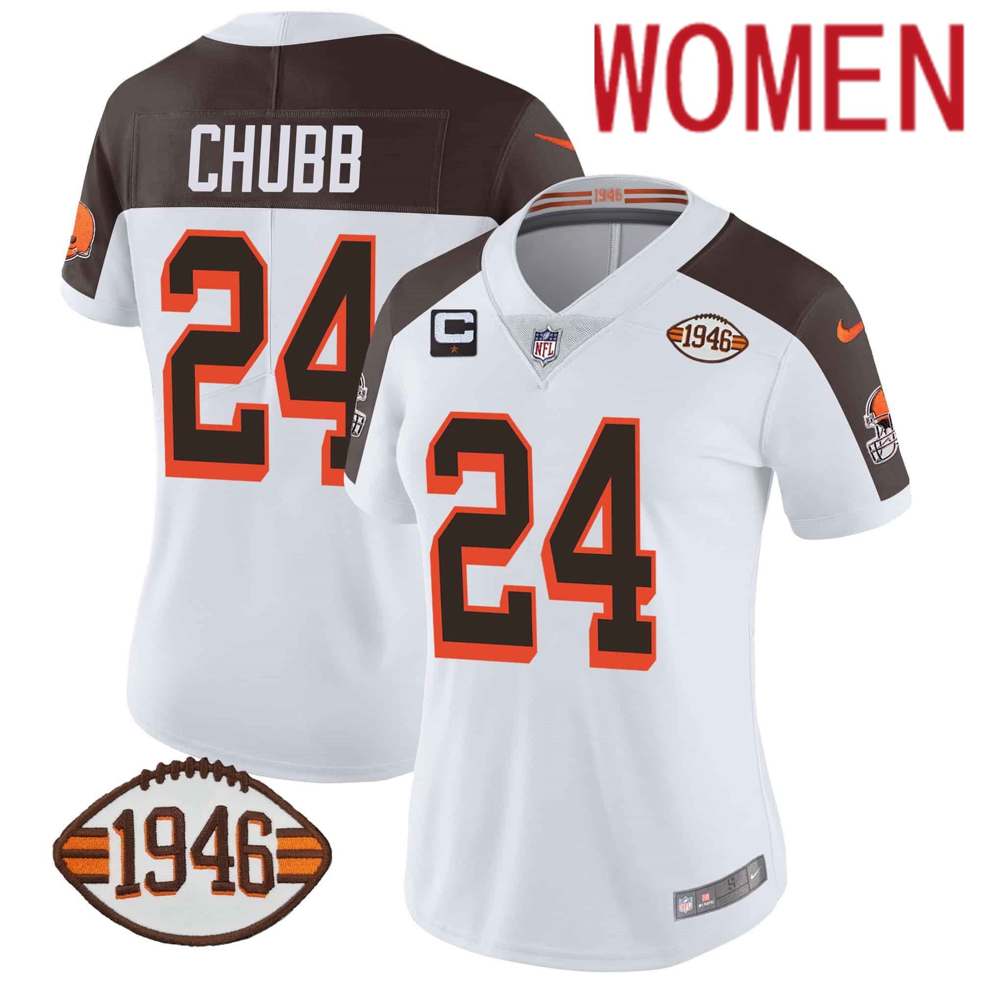 Women Cleveland Browns #24 Chubb White 1946 75th Anniversary Patch 2024 Nike NFL Jersey style 1